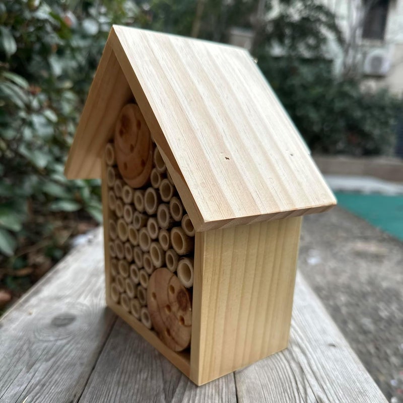 Engree Mason Bee Houses Outdoor Wooden Bee Hotel for Garden and Yard Hand-Made Bamboo Bee Hive for Bees Butterflies and Ladybugs, Medium Size 8"x7.5"x5", Natural Finish - Image 3
